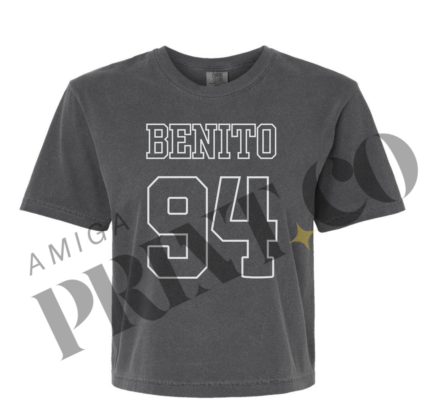 Gray t-shirt with 'Benito 94' printed on it against a white background